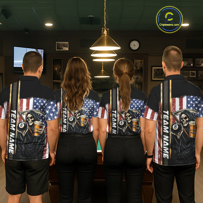 Grim Reaper With Beer Custom 8 Ball Billiard Shirt For Women, US Flag Pool Team Jersey Polo, 1/4 Zip TDM6247