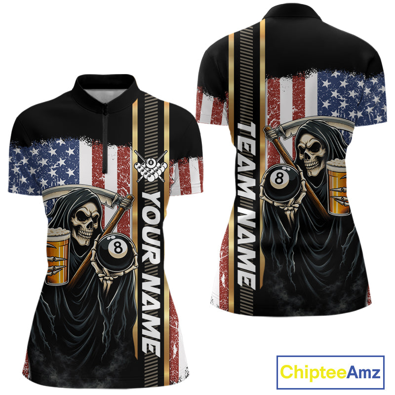 Grim Reaper With Beer Custom 8 Ball Billiard Shirt For Women, US Flag Pool Team Jersey Polo, 1/4 Zip TDM6247