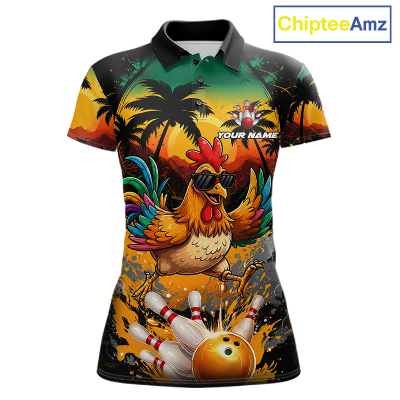 Funny Chicken Sunset Tropical Bowling Jersey For Women Custom Bowling Team Shirts Polo & 1/4 Zip TDM6458