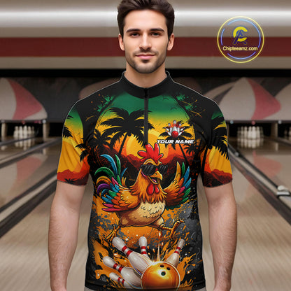 Funny Chicken Sunset Tropical Bowling Jersey For Men Custom Bowling Team Shirts Polo & 1/4 Zip TDM6458