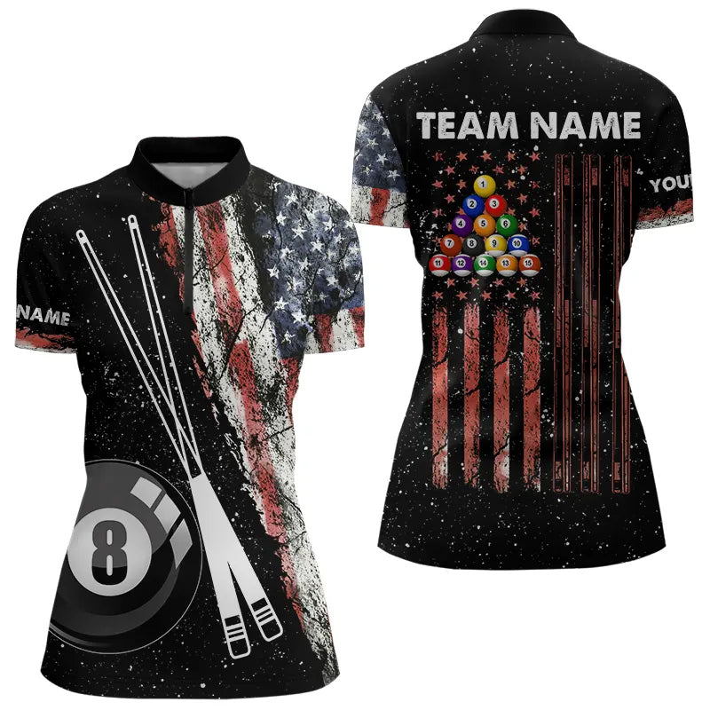 Retro Black Grunge American Flag 8 Ball Pool Women Billiard Shirts Custom Patriotic Billiard Jersey TDM3371