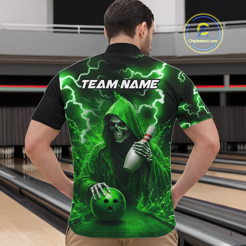 Green Grim Reaper Bowling Shirt For Men Custom Lightning Team League Bowling Jersey Polo, 1/4 Zip TDM5855