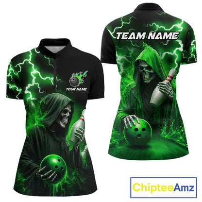 Green Grim Reaper Bowling Shirt For Women Custom Lightning Team League Bowling Jersey Polo, 1/4 Zip TDM5855