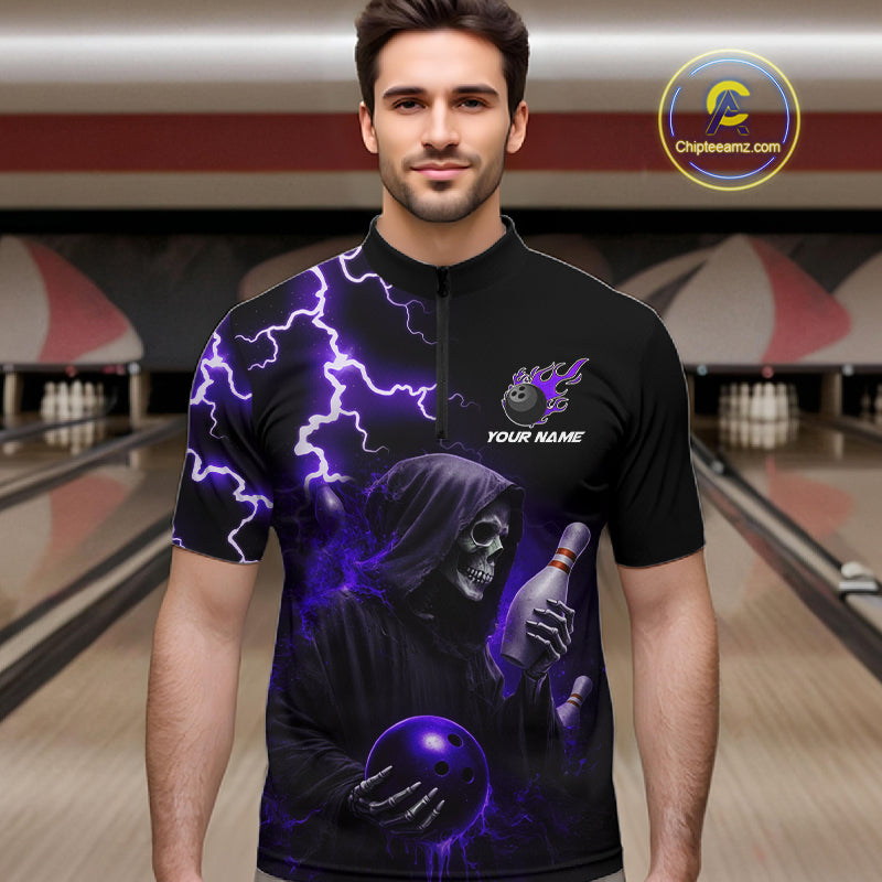 Purple Grim Reaper Bowling Shirt For Men Custom Lightning Team League Bowling Jersey Polo, 1/4 Zip TDM5856