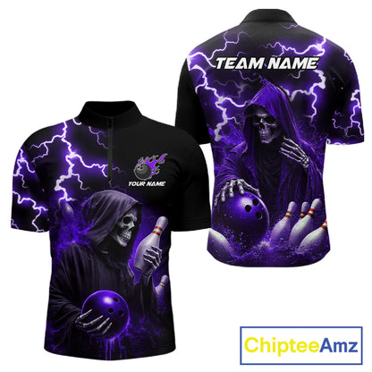 Purple Grim Reaper Bowling Shirt For Men Custom Lightning Bowling Jersey Team Polo & 1/4 Zip TDM5857