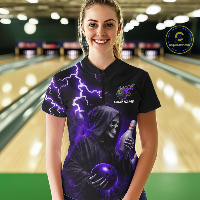 Purple Grim Reaper Bowling Shirt For Women Custom Lightning Bowling Jersey Team Polo & 1/4 Zip TDM5857
