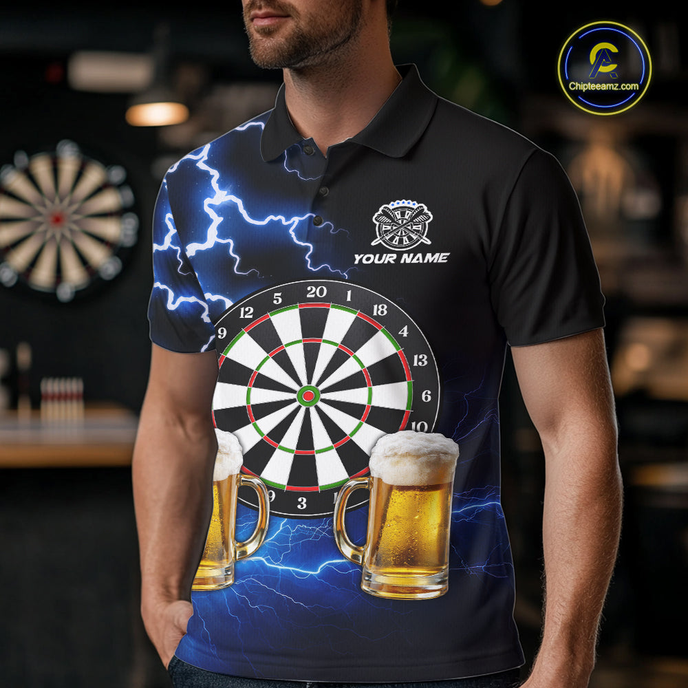 Blue Funny Beer Darts Shirt For Men Custom Lightning Darts Jersey Team Polo & 1/4 Zip TDM5858