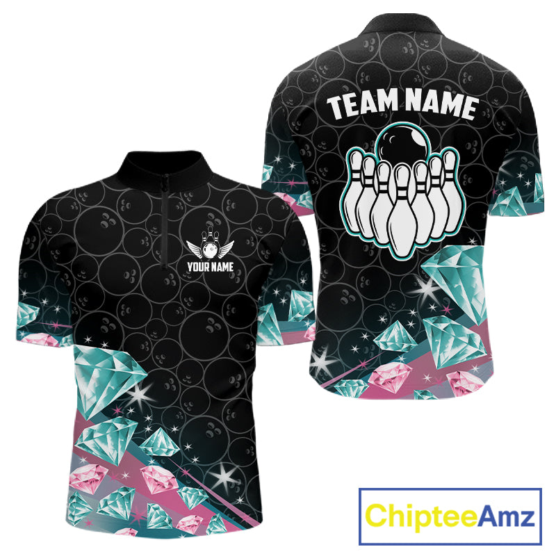 Funny Pink And Turquoise Diamonds Bowling Shirt For Men Custom Bowling Team Jersey TDM5860