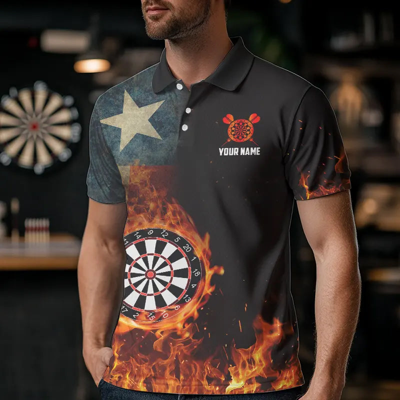 Personalized Retro Texas Flag Flame Dartboard Darts Shirts For Men, Patriotic Texas Dart Jerseys TDM3677