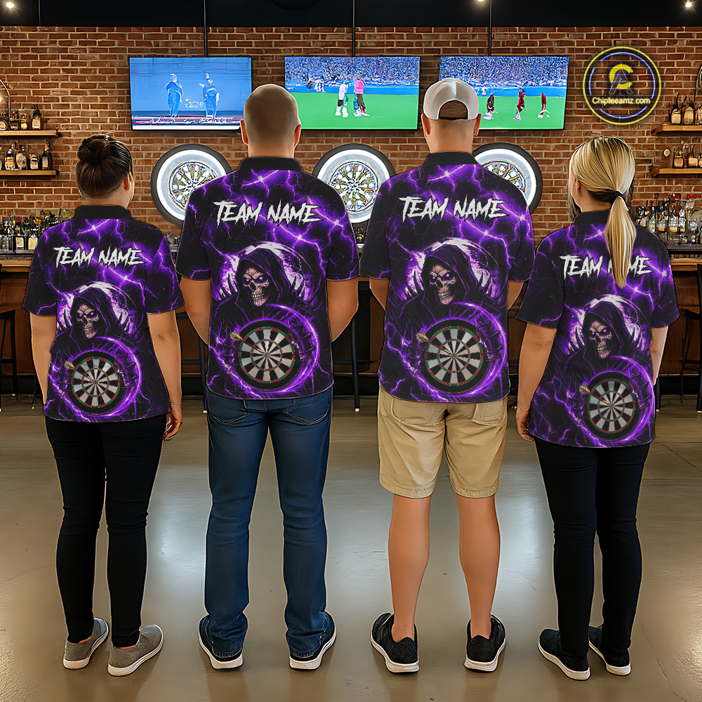Purple Grim Reaper Skull Thunder Lightning Darts Shirt For Women Custom Darts Jersey Polo & 1/4 Zip TDM6468