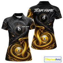 Load image into Gallery viewer, 8 ball 9 ball cobra snake and dragon billiard polo shirt for women with custom pool team graphics.