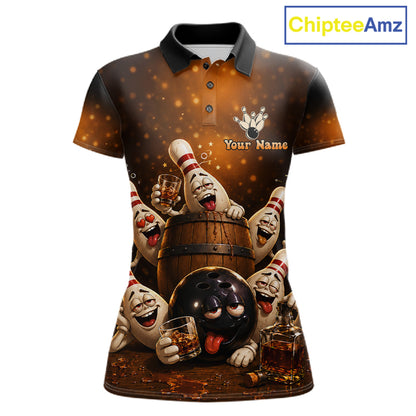 Funny drunk bowling pins bourbon vintage bowling team jersey polo shirt for women featuring hilarious bourbon bottles and drunk bowling pins artwork, premium custom bowling league apparel.