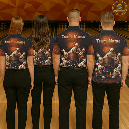 Bowling team wearing matching funny drunk bowling pins bourbon vintage bowling team jerseys, back view.