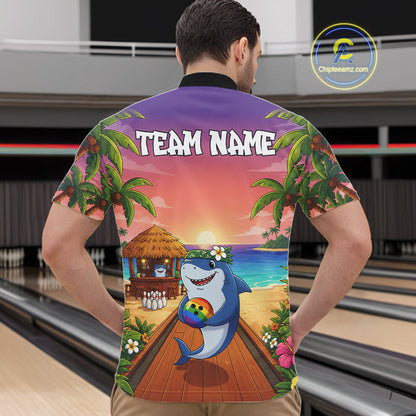 Funny Shark Sunset Tropical Bowling Shirts For Men Custom Bowling Polo & 1/4 Zip, Bowling Gifts TDM6472