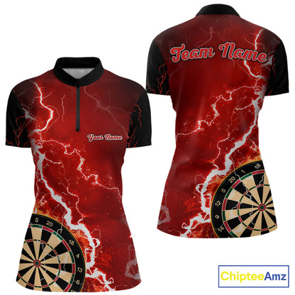 Custom red lightning darts team quarter zip shirt for women with bold lightning graphics and personalized darts jersey design.