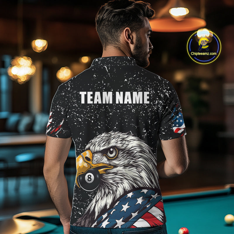 Black Grunge Eagle American Flag Custom Billiard Shirts For Men, Patriotic Billiard Team Shirts TDM2444