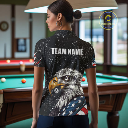 Black Grunge Eagle American Flag Custom Billiard Shirts For Women, Patriotic Billiard Team Shirts TDM2444