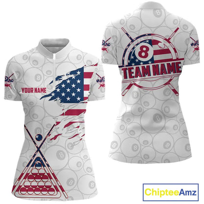 American Flag 8 Ball Billiard Jersey For Women Custom Patriotic Billiard Shirt Team Polo & 1/4 Zip TDM5383