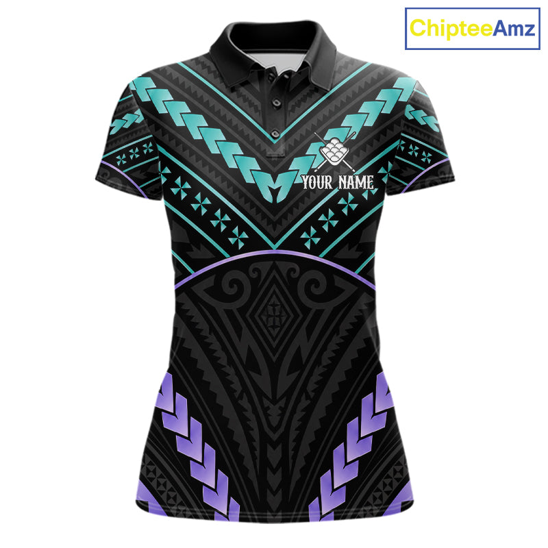 Custom teal and purple tribal 9 ball pool billiard team jersey polo shirt for women, personalized pool league apparel and tournament jersey.