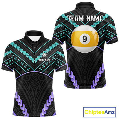 Custom teal and purple tribal 9 ball pool billiard team jersey polo shirt for men, personalized pool league apparel and tournament jersey.