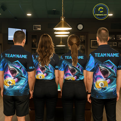 Billiard team wearing matching blue 9 ball pool shark team jerseys, back view.