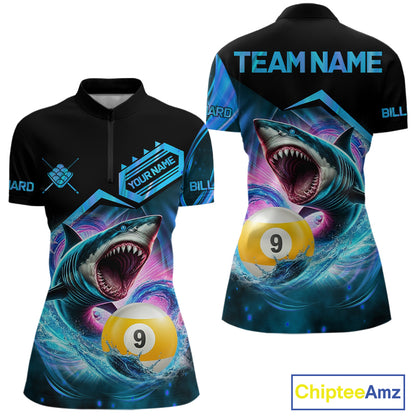 Blue 9 ball pool billiard shark team jersey quarter zip shirt for women featuring shark and 9 ball artwork, premium custom billiard apparel.