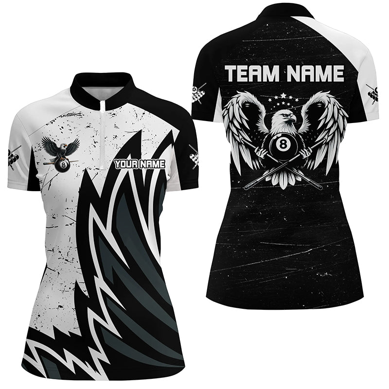 Personalized Grunge Black White Eagle Wings Billiard Shirts For Women, Billiard Jersey Short Sleeves TDM2446