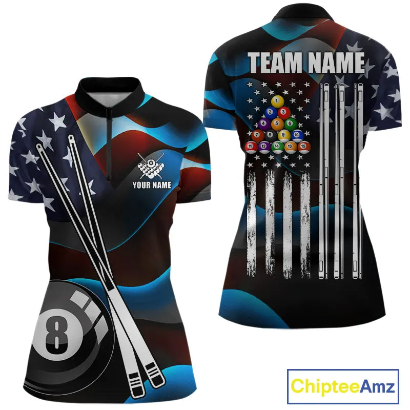 Glowing American Flag 8 Ball Pool Billiard Shirt For Women Custom Patriotic Billiard Team Jersey TDM5658