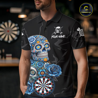 Personalized Blue Sugar Skull Darts Shirt For Men Custom Darts Jersey Team Polo & Quarter Zip TDM6263