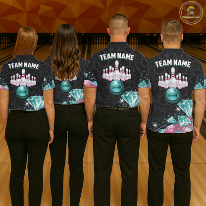 Custom Pink Turquoise Diamonds Bowling Shirt For Women, Glowing Bowling Team Jersey Polo & 1/4 Zip TDM6270