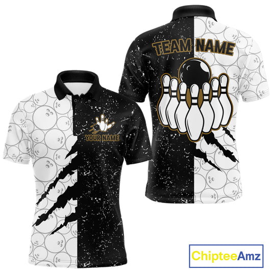 Custom Grunge Black White Bowling Shirt For Men, Bowling Tournament Team Shirt Polo & 1/4 Zip TDM6271