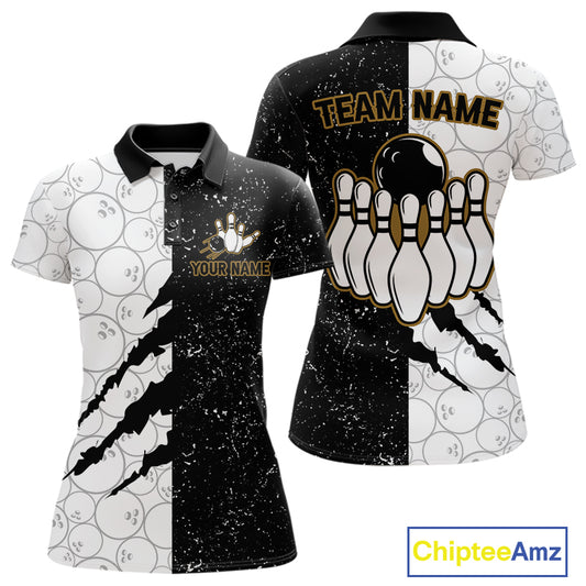 Custom Grunge Black White Bowling Shirt For Women, Bowling Tournament Team Shirt Polo & 1/4 Zip TDM6271