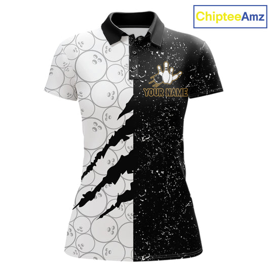 Custom Grunge Black White Bowling Shirt For Women, Bowling Tournament Team Shirt Polo & 1/4 Zip TDM6271