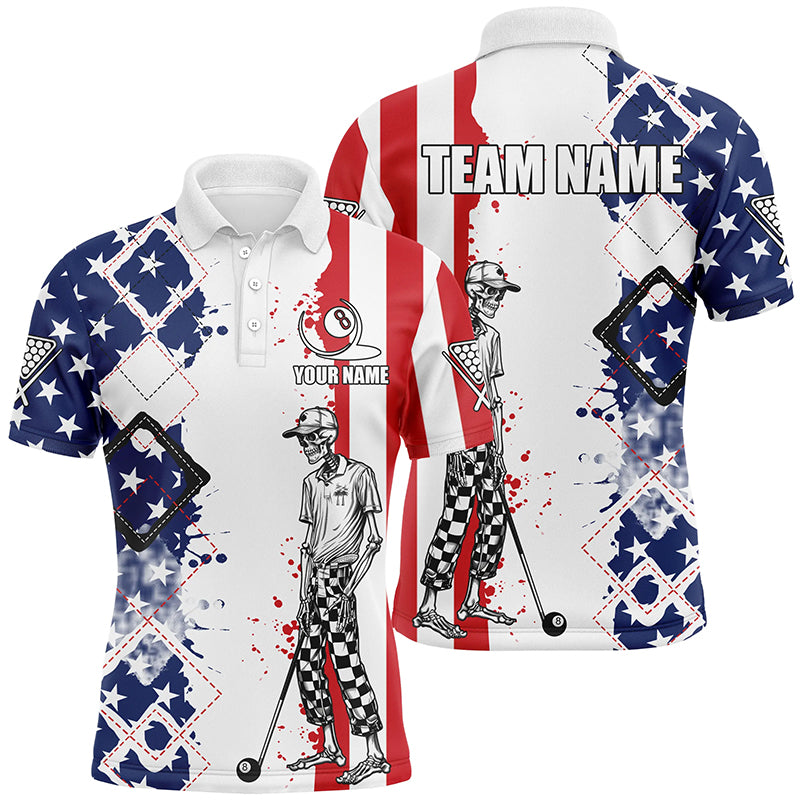 Personalized Argyle US Flag Funny Skeleton Men Billiard Shirts, Patriotic Billiard Team Jerseys TDM1759
