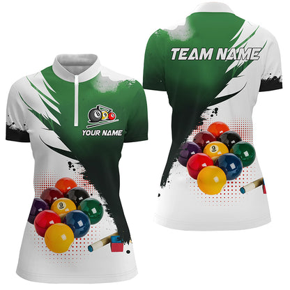 3D 9 Ball Pool Billiard Jerseys Women Polo & Quarter-Zip Shirts Custom Billiard Team Shirts |Green TDM2156