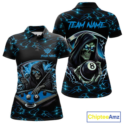 Blue Funny Grim Reaper 8 Ball Pool Women Billiard Shirts Custom Name Lightning Billiard Jerseys TDM2161