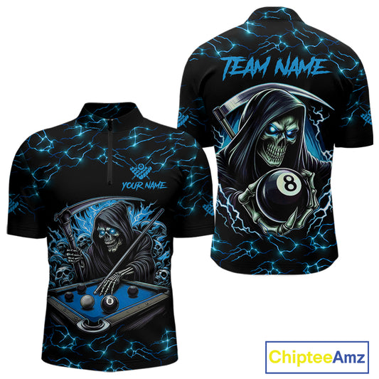 Blue Funny Grim Reaper 8 Ball Pool Men Billiard Shirts Custom Name Lightning Billiard Jerseys TDM2161