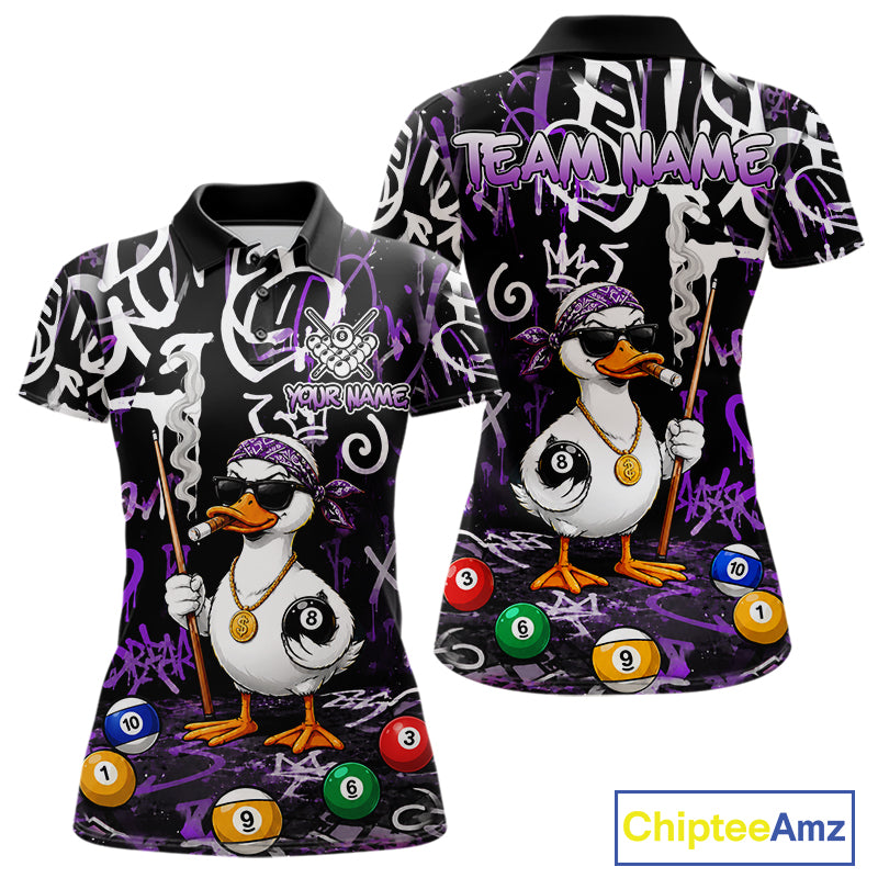Purple Funny Duck Graffiti 8 Ball Billiard Shirt For Women Custom Pool Team Jersey Polo & 1/4 Zip TDM7151