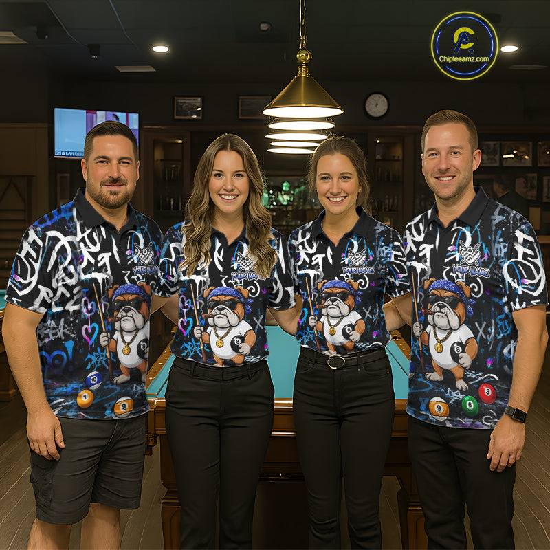 Colorful Graffiti Funny Bulldog 8 Ball Pool Billiard Shirt For Men Custom Billiard Team Jersey TDM7155