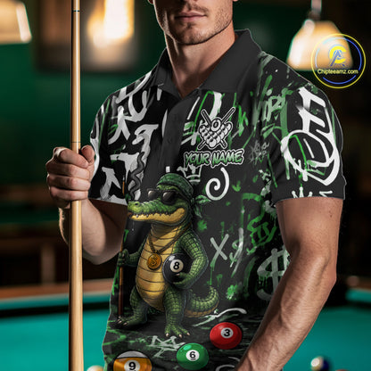 Green Funny Alligator Graffiti 8 Ball Billiard Shirt For Men Custom Pool Team Jersey Polo, 1/4 Zip TDM7157