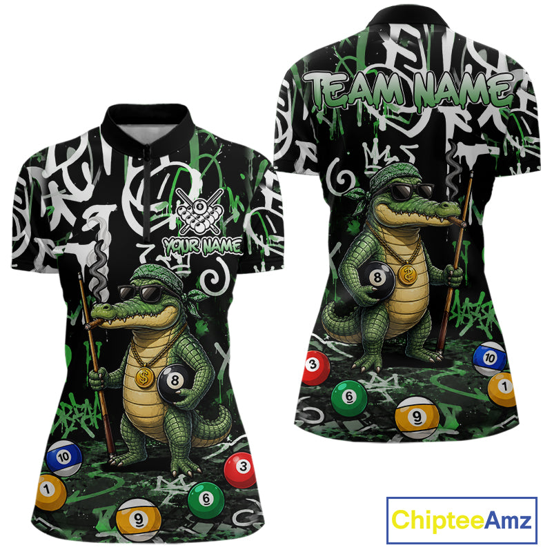 Green Funny Alligator Graffiti 8 Ball Billiard Shirt For Women Custom Pool Team Jersey Polo, 1/4 Zip TDM7157