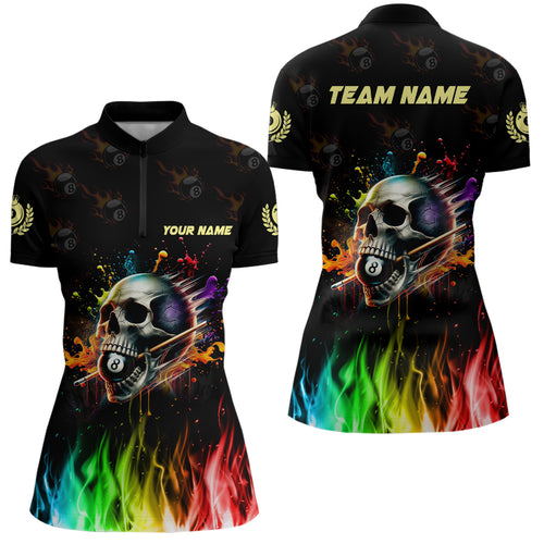 Funny Billiard Colorful Skull Personalized Women Quarter-Zip Shirts Billiard Attire For Team TDM1066
