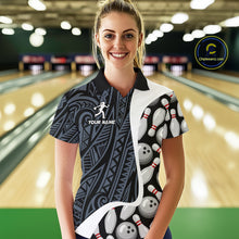 Load image into Gallery viewer, Woman wearing a blue tribal pattern bowling polo shirt at a bowling alley front view.