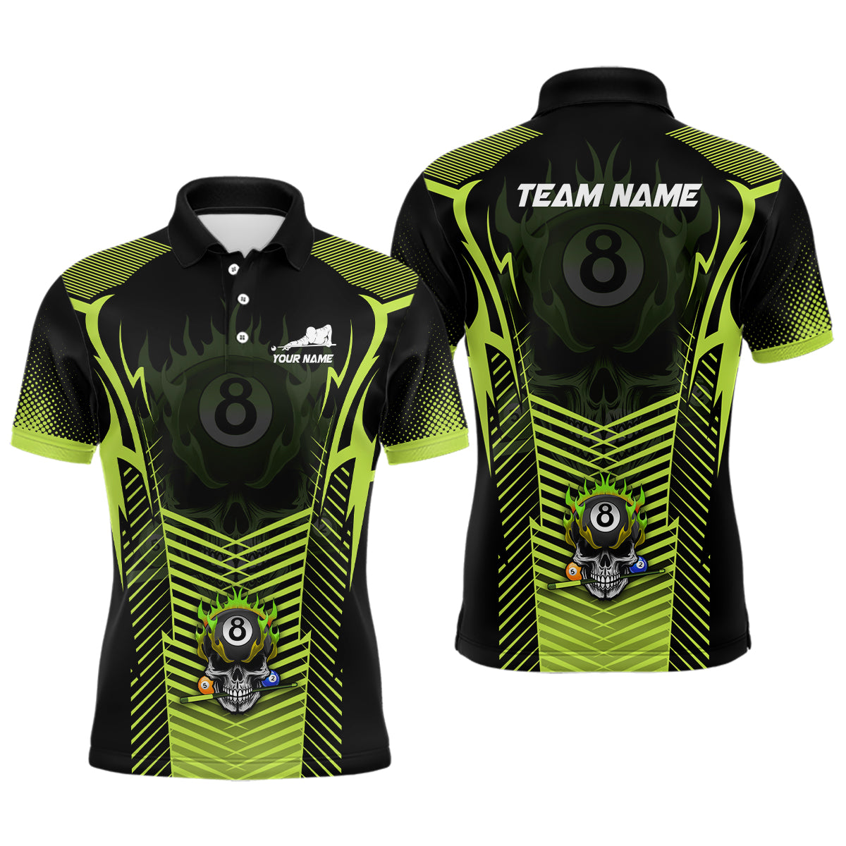 Custom Green Neon Billiard Balls 3D Skull Polo Shirts For Men, 8 Ball Pool Jerseys Shirts TDM0696