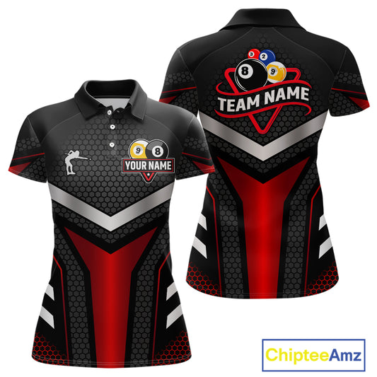 Personalized Billiard 8 Ball & 9 Ball Pool Polo, 1/4 Zip For Women Custom Team Billiard Jerseys |Red TDM4152