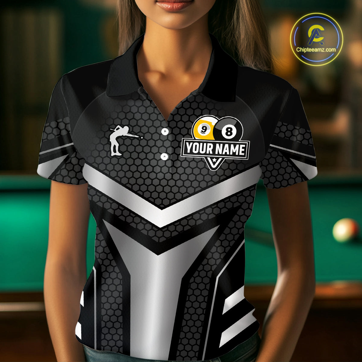 Personalized Billiard 8 Ball & 9 Ball Pool Polo, 1/4 Zip For Women Custom Team Billiard Jersey|White TDM4153