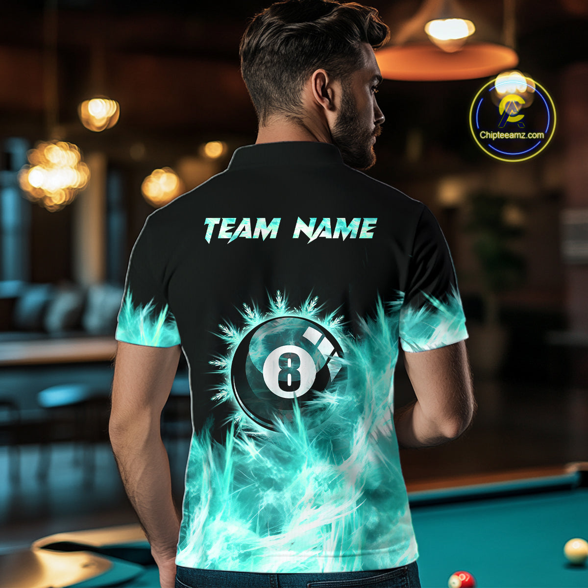 Turquoise Icy Light 8 Ball Pool Billiard Polo & 1/4 Zip For Men Custom Billiard Team Jerseys  TDM5689