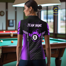 Load image into Gallery viewer, Personalized Purple 8 Ball Flame Billiard Polo &amp; Quarter Zip For Women, 8 Ball Pool Team Jersey TDM6039