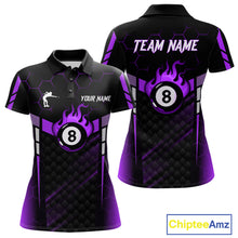 Load image into Gallery viewer, Personalized Purple 8 Ball Flame Billiard Polo &amp; Quarter Zip For Women, 8 Ball Pool Team Jersey TDM6039