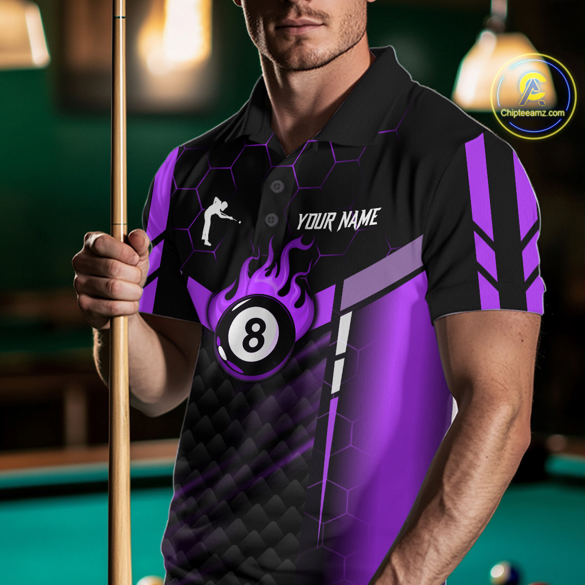 Personalized Purple 8 Ball Flame Billiard Polo & Quarter Zip For Men, 8 Ball Pool Team Jersey TDM6039